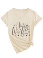 Dettaglio della maglietta con scollo a V, stampa Happy New Year e nodo laterale beige - S / Sabbia (Carattere Nero)