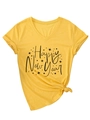 Dettaglio della maglietta gialla con scollo a V, stampa Happy New Year e nodo alla moda - S / Giallo (Carattere Nero)