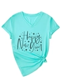 T-shirt azzurra con scollo a V, stampa Happy New Year e dettaglio nodo frontale - S / Blu Acqua Profonda (Font Nero)