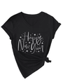 Détail du t-shirt noir à col en V avec imprimé Happy New Year et nœud latéral élégant - S / Noir (Police Blanche)