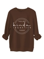 Detailed view of dark brown crewneck sweatshirt with IDGAF-ISH slogan print and ribbed cuffs - Coffee