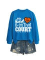 Detail of blue sweatshirt with My Heart Is On That Court print and distressed denim shorts - S / Tops / Lake Blue