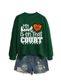 Detail of green sweatshirt with My Heart Is On That Court slogan and heart basketball - S / Tops / Dark Green