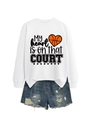 Detail of white long sleeve sweatshirt with heart basketball print and ripped denim shorts - S / Tops / White