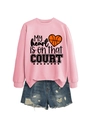 Close-up of pink crewneck sweatshirt with heart basketball print and ripped denim shorts - S / Tops / Pink