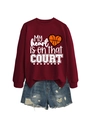 Detail of burgundy sweatshirt with My Heart Is On That Court basketball print and denim shorts - S / Tops / Burgundy
