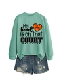Detail of mint green sweatshirt with My heart is on that COURT basketball graphic - S / Tops / Light Green
