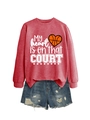 Detail of red My Heart Is On That Court sweatshirt with distressed denim shorts - S / Tops / Red