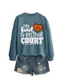 Close-up of heart-shaped basketball print on a gray-blue drop-shoulder sweatshirt - S / Tops / Blue