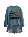Detail of loose fit sweatshirt with heart basketball print and ripped denim shorts - S / Tops / Blue