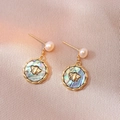 Golden bee earrings with freshwater pearls and abalone shell on champagne satin - Bee Pearl Round Drop Earrings (E1202)