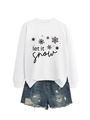 Detail of Let It Snow lettering and snowflake prints on a white crewneck sweatshirt - White (Black Print)
