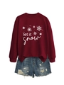 Close-up of wine red Let It Snow sweatshirt paired with distressed blue denim shorts - Wine Red (White Print)