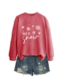 Detail of red Let It Snow sweatshirt with white snowflake print and denim shorts - Red (White Print)
