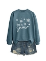 Flat lay of blue Let It Snow snowflake sweatshirt paired with distressed denim shorts - Blue (White Print)