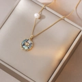 Golden honeybee necklace with iridescent shell pendant and elegant pearl detail - Bee Mother of Pearl Round Pendant Necklace (X3476)