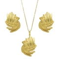 Dreiteiliges goldenes Schmuckset mit gewelltem Anhänger Halskette und passenden Ohrsteckern - Fächerförmiger Spiralstil (STJS2516)