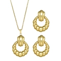 Golden round pendant necklace and ripple fan earrings set with a high-polished finish - Necklace + Earrings