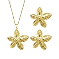 Elegante conjunto de joyas de flores doradas con collar martillado y pendientes de botón - Juego de Collar + Pendientes / Dorado