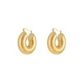 Detail of gold croissant hoop earrings with horizontal pleated texture on white background - Transverse Fold Style (STE2440-GO)