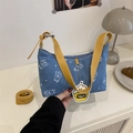 Denim shoulder bag with cartoon bear print and yellow straps for casual spring commute - Light Blue