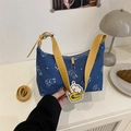 Blue denim crossbody bag with white bear print and yellow leather straps for women - Dark Blue