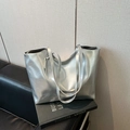 Large silver metallic tote bag in premium PU leather for minimalist fashion - No Pendant / Silver