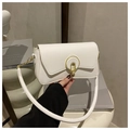 Detail of white leather shoulder bag with a gold circular buckle and chain strap - White