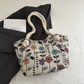 Borsa tote floreale in arazzo con manici in corda di cotone e stampa retrò chic - Stile Uno (Fiorato Beige)