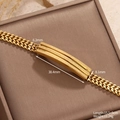 Gold Cuban chain bracelet with matte striped metal plate and adjustable link length - Triple Frosted Stripe Style (STB25217-GO)
