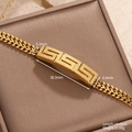 Golden stainless steel curb chain bracelet featuring a meander pattern engraved nameplate - Greca Meander Frosted Style (STB25218-GO)