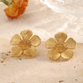 18K gold plated titanium flower stud earrings with detailed petal texture on stone - Gold