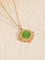 Elegant gold necklace with green cat-eye stone pendant and fanned engraved details - Square Cat's Eye Pendant / Gold + Green
