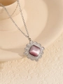 Silver flower necklace featuring a square purple-pink cat eye stone pendant - Square Cat's Eye Pendant / Steel Color + Purple