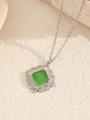 Silver necklace with square green cat eye stone pendant and sunburst frame detail - Square Cat's Eye Pendant / Steel + Emerald Green