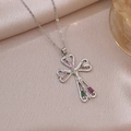 Silver crucifix necklace with micro-inlaid colored zircons and Jesus figure pendant - Multi-color Stone Cutout Heart Cross Necklace (X2746) / Silver Multicolor