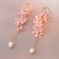 Detailed close-up of pink flower earrings with S925 engraving and a white pearl drop - Earrings (E1227)