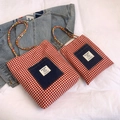 Retro red checkered canvas tote bag set with blue denim pocket and colorful rope handles - Large / Red White Plaid