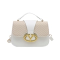 Minimalist white leather saddle bag with beige woven panel and oval gold V-buckle - White