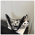 Retro Toile de Jouy canvas tote in black and white with a panda plush charm - Black with Pendant