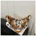 Vintage canvas tote bag in beige with black landscape pattern and panda pendant - Brown with Pendant