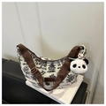 Chic beige canvas hobo bag with landscape prints and a cute panda plush charm - Coffee with Pendant
