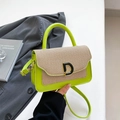 Fluorescent green crossbody bag with beige woven texture flap and metallic D-clasp - Green