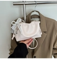 Creamy white pleated cloud bucket bag with pearl bow pendant and soft PU texture - With Charm / White