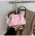 Pink pleated bucket bag with pearl lace charm and soft PU leather cloud design - With Charm / Pink