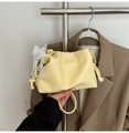 Pale yellow pleated drawstring bucket bag with pearl pendant and white lace bow detail - With Charm / Yellow