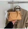 Fashionable khaki pleated cloud bucket bag with lace bow and pearl heart charm accessory - With Charm / Brown