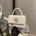 Chic white woven PU leather handbag with gold M buckle and round top handle for women - White