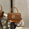 Chic caramel brown woven leather handbag with M logo for women, crossbody style - Brown