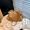 Chic camel faux leather cloud bag with drawstring pleats and adjustable knotted strap - No Pendant / Brown